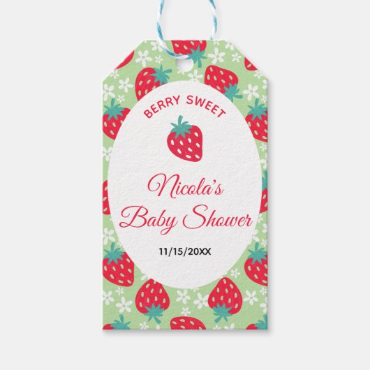 Berry Sweet Green Strawberry Baby Shower ギフトタグ (正面)