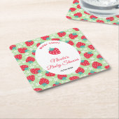 Berry Sweet Green Strawberry Baby Shower スクエアペーパーコースター (アングル)