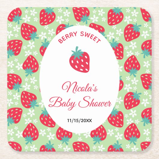 Berry Sweet Green Strawberry Baby Shower スクエアペーパーコースター (正面)