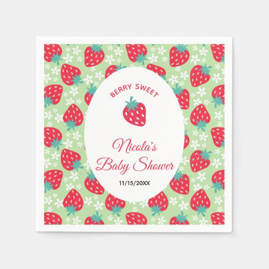Berry Sweet Green Strawberry Baby Shower スタンダードカクテルナプキン (正面)