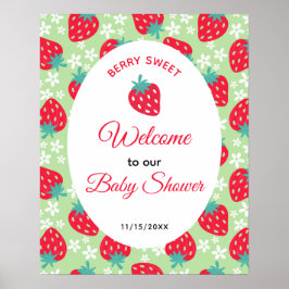 Berry Sweet Green Strawberry Baby Shower Welcome ポスター