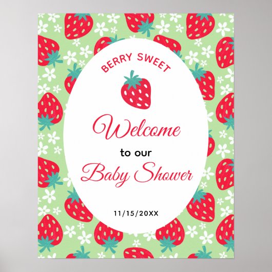 Berry Sweet Green Strawberry Baby Shower Welcome ポスター (正面)