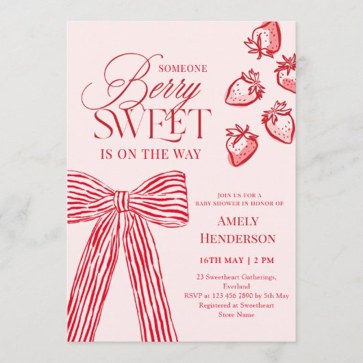 Berry Sweet Hand Drawn Bow Baby Shower 招待状 (正面)