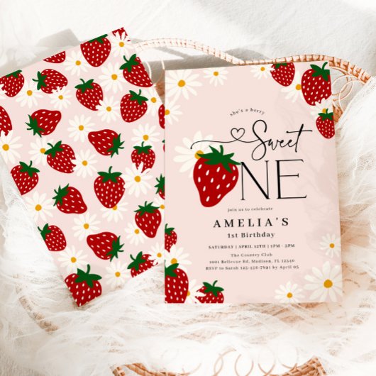 Berry Sweet One 1st Strawberry Birthday 招待状