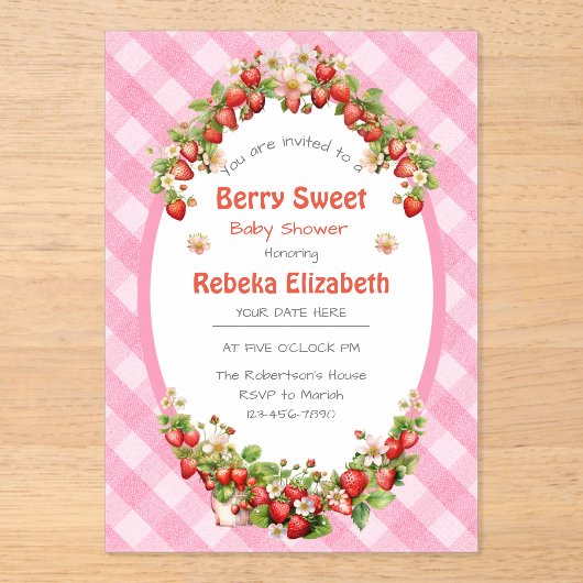 Berry Sweet Pink Gingham Baby Shower Invitation アクリル招待状 (正面)