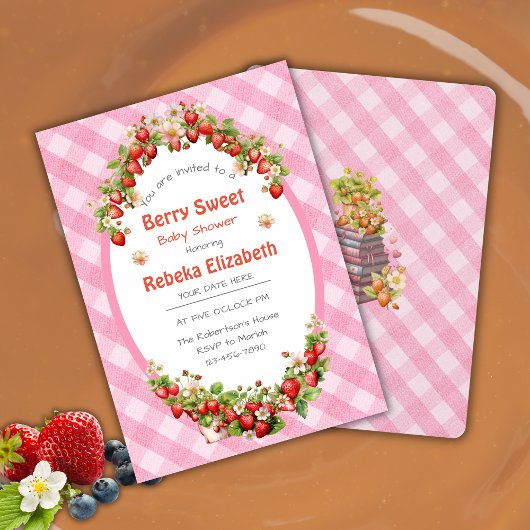 Berry Sweet Pink Gingham Baby Shower Invitation 招待状