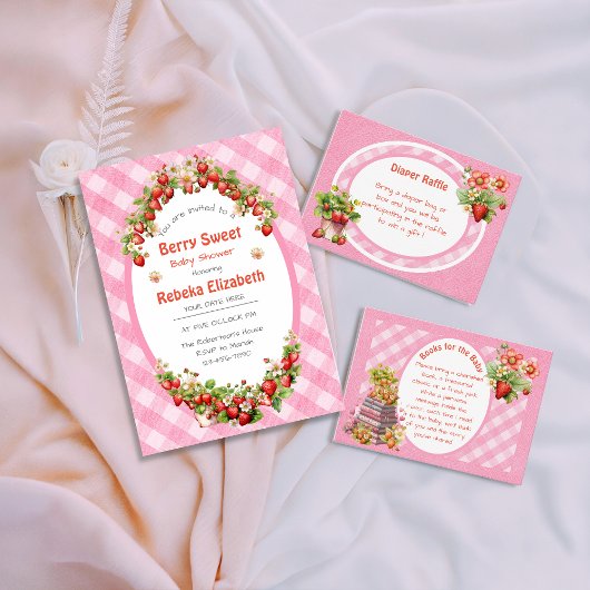 Berry Sweet Pink Gingham Baby Shower Invitation 招待状