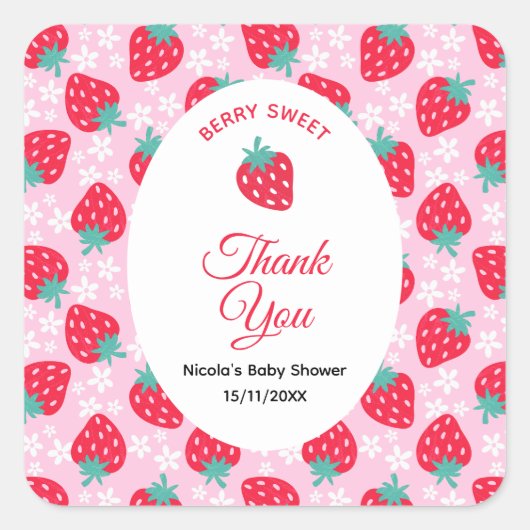 Berry Sweet Pink Strawberry Baby Shower スクエアシール (正面)