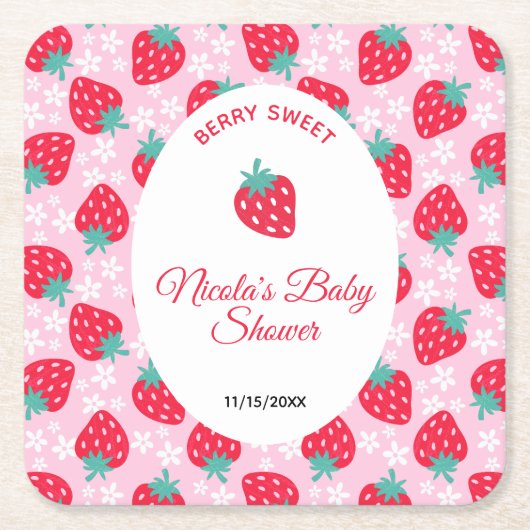 Berry Sweet Pink Strawberry Baby Shower スクエアペーパーコースター (正面)