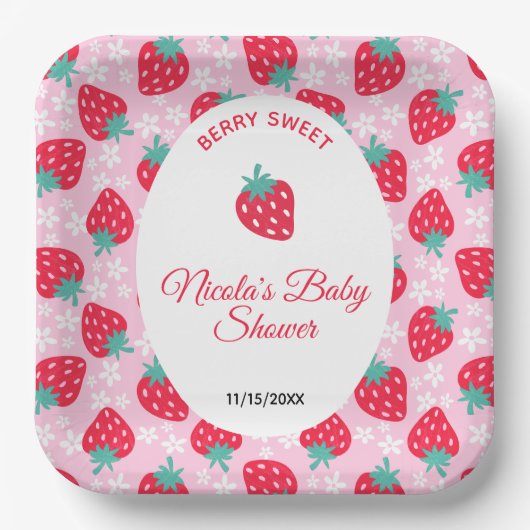 Berry Sweet Pink Strawberry Baby Shower ペーパープレート (正面)