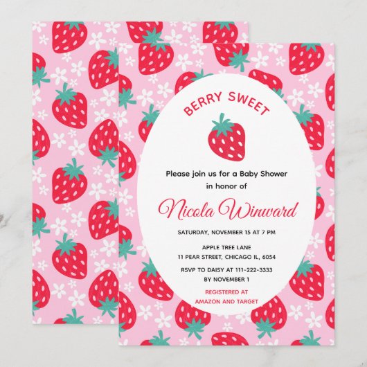 Berry Sweet Pink Strawberry Baby Shower 招待状 (正面/裏面)