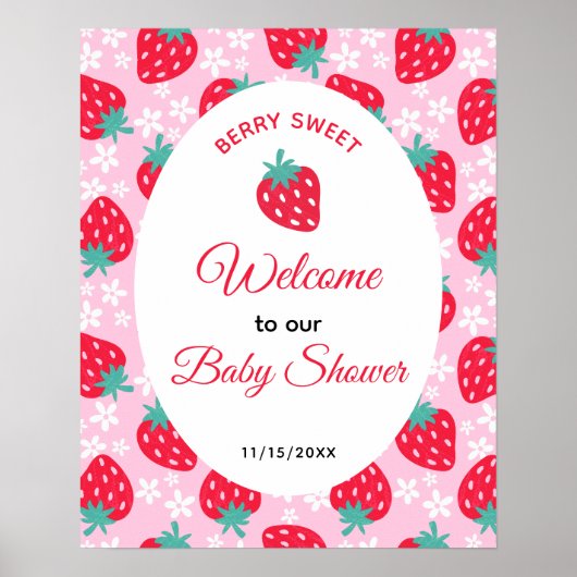 Berry Sweet Pink Strawberry Baby Shower Welcome ポスター (正面)