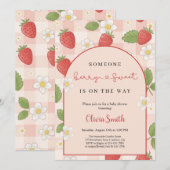 Berry sweet pink strawberry babyshower party 招待状 (正面/裏面)
