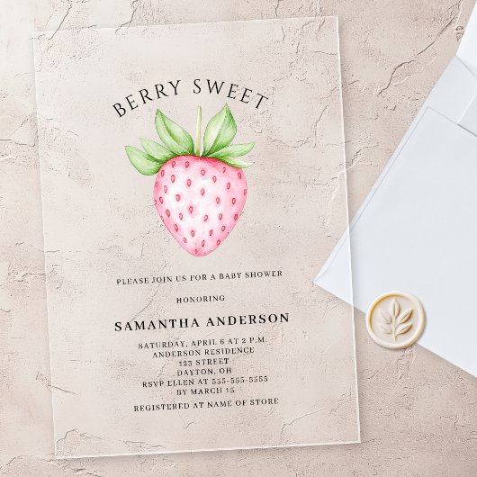 Berry Sweet Pink Strawberry Girl Baby Shower アクリル招待状
