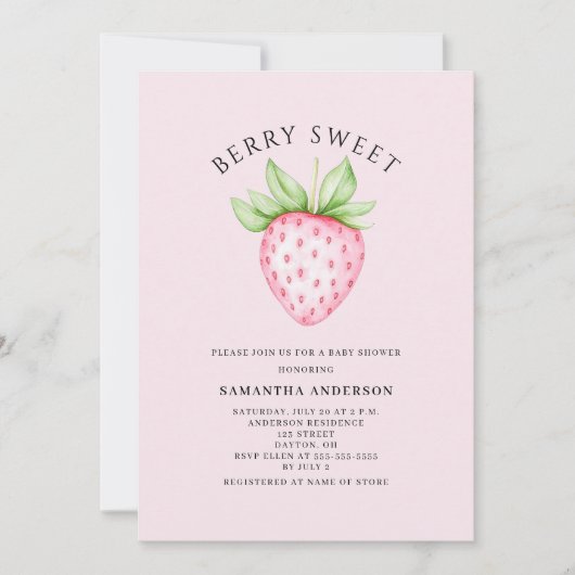 Berry Sweet Pink Strawberry Girl Baby Shower 招待状 (正面)