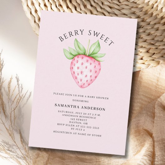 Berry Sweet Pink Strawberry Girl Baby Shower 招待状