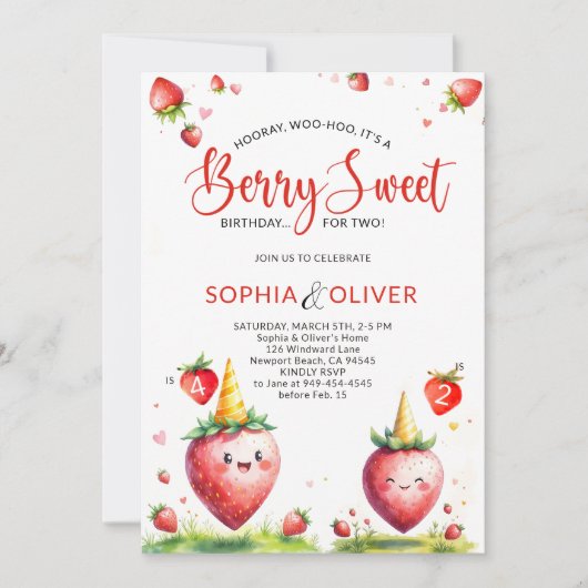Berry Sweet Strawberries Joint 2 Siblings Birthday 招待状 (正面)