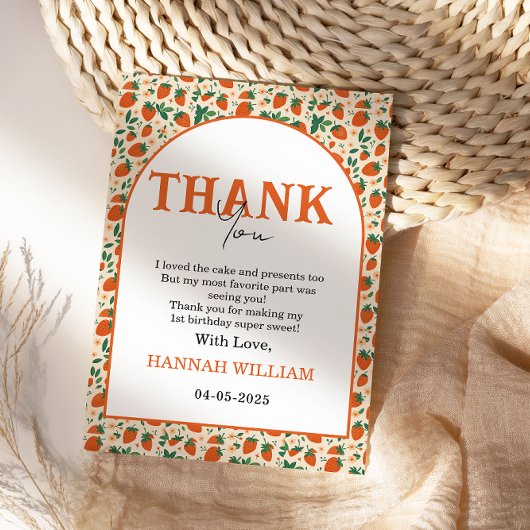 Berry Sweet Strawberry 1st Birthday Party サンキューカード