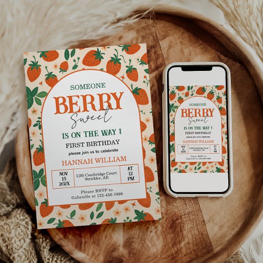 Berry Sweet Strawberry 1st Birthday Party 招待状