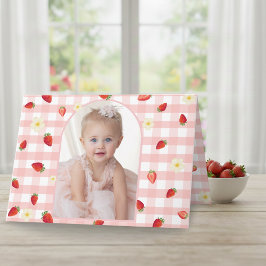 Berry Sweet Strawberry 1st Birthday Photo Folded H サンキューカード