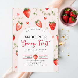 Berry Sweet Strawberry Arch Summer 1st Birthday 招待状