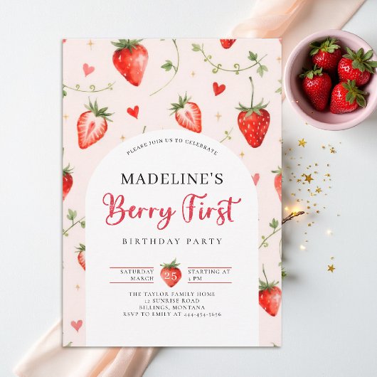 Berry Sweet Strawberry Arch Summer 1st Birthday 招待状