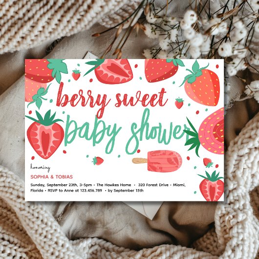 Berry sweet strawberry baby shower 招待状