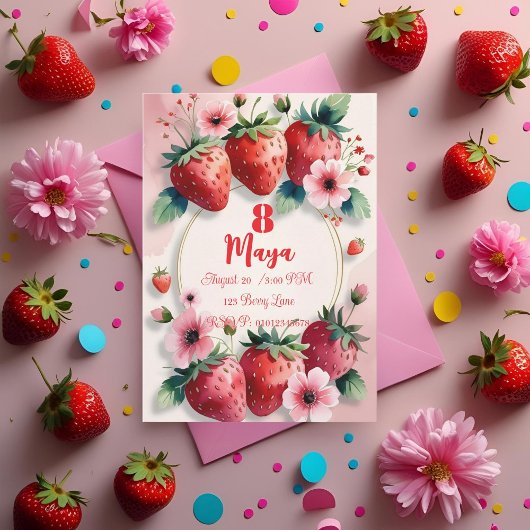 Berry Sweet Strawberry Birthday Invitation  招待状
