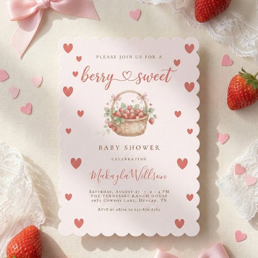 Berry Sweet Strawberry Coquette Hearts Baby shower 招待状