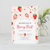Berry Sweet Strawberry Cute Photo 1st Birthday 招待状 (スタンド正面)