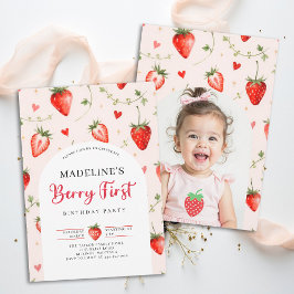 Berry Sweet Strawberry Cute Photo 1st Birthday 招待状