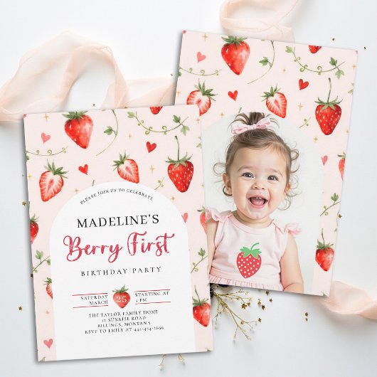 Berry Sweet Strawberry Cute Photo 1st Birthday 招待状