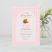 Berry Sweet Strawberry Gingham Photo Baby Shower 招待状 (スタンド正面)