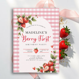 Berry Sweet Strawberry Gingham Summer 1st Birthday 招待状