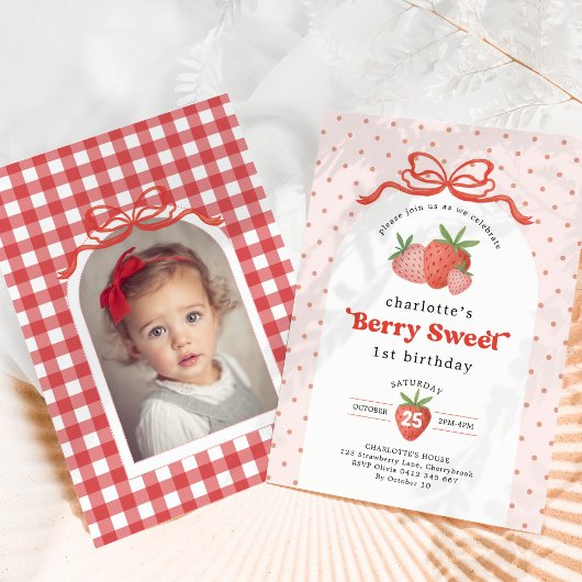 Berry Sweet Strawberry Red Bow Birthday Photo 招待状