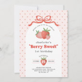 Berry Sweet Strawberry Red Bow Birthday Photo 招待状 (正面)