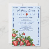 Berry Sweet Strawberry Summer Blue Boy Baby Shower 招待状 (正面)