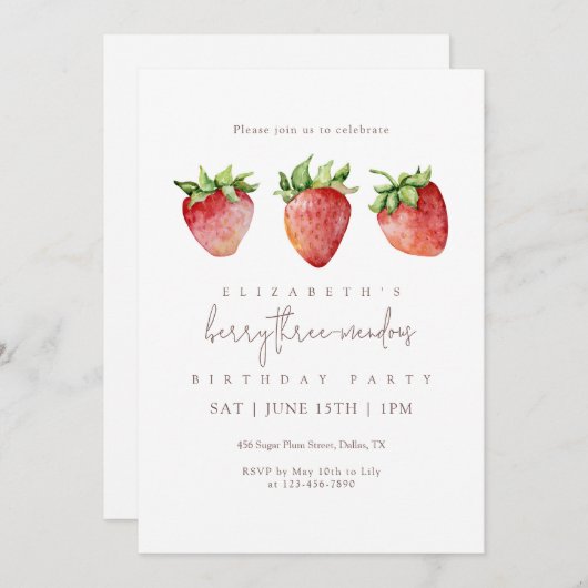 Berry Threemendous Strawberry Birthday 招待状 (正面/裏面)