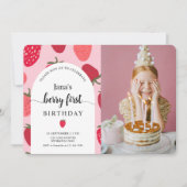 Berry with Photo | ピンク&レッドストロベリー誕生日 招待状 (正面)