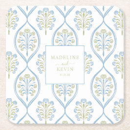 Bespoke Blue and Green Floral Wedding Pattern スクエアペーパーコースター