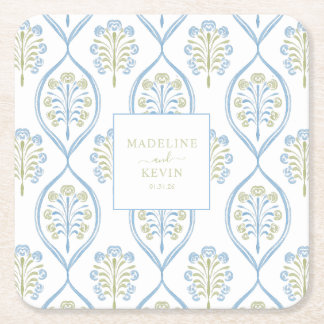 Bespoke Blue and Green Floral Wedding Pattern スクエアペーパーコースター