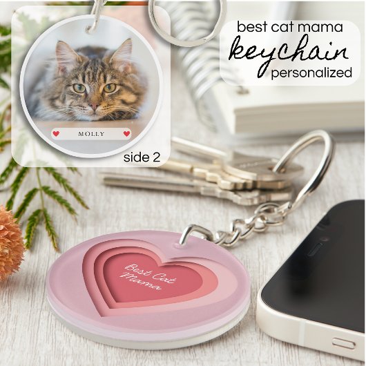 Best Cat Mama Custom Photo Heart キーホルダー