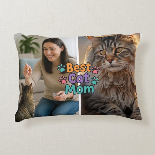 Best Cat Mom Custom Pillow with Two Photos アクセントクッション (正面)
