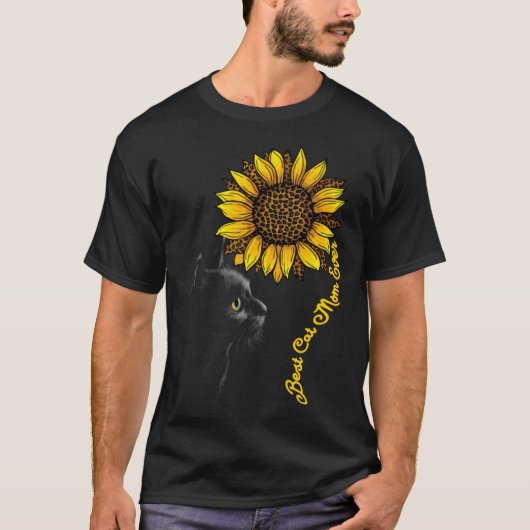 Best Cat Mom Ever Sunflower Leopard Black Cat Mot Tシャツ (正面)