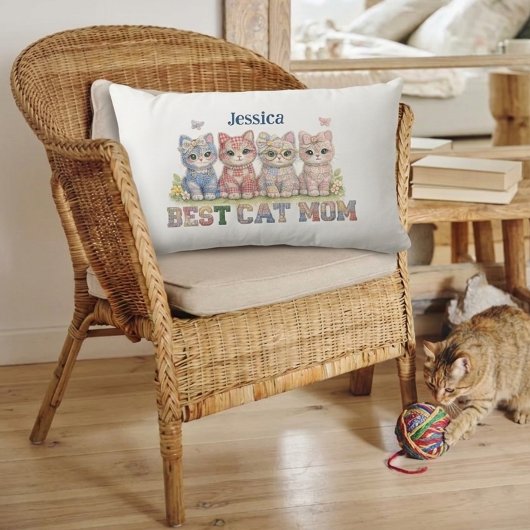 Best Cat Mom Patchwork Funny Personalized Pillow ランバークッション