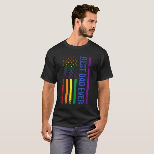 Best Dad Ever Gay Pride Rainbow American Flag Fath Tシャツ (正面フル)