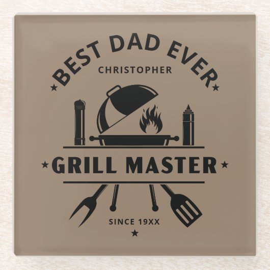 Best Dad Ever | Grill Master Brown & Black ガラスコースター (正面)