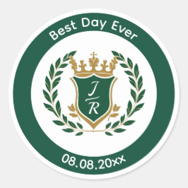 Best Day Ever Wedding Monogram Green Gold Crest ラウンドシール