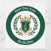 Best Day Ever Wedding Monogram Green Gold Crest ワインラベル (シングルラベル)