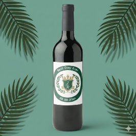 Best Day Ever Wedding Monogram Green Gold Crest ワインラベル